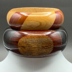 Vintage Set of Wood Bangle Bracelets Inlay Geometric Dark Light Stained Browns